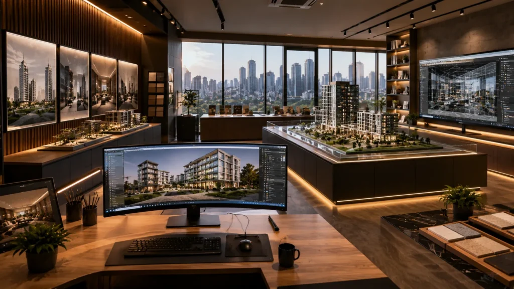 3D Architectural Visualization Studio in Mumbai showcasing realistic interior design rendering for residential and commercial projects