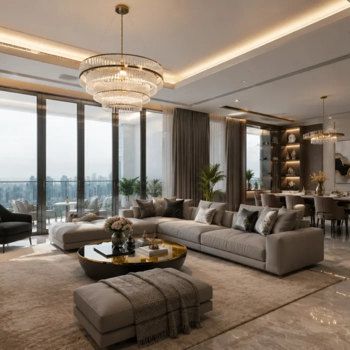 3D architectural visualization of a modern interior design presentation with photorealistic living room render