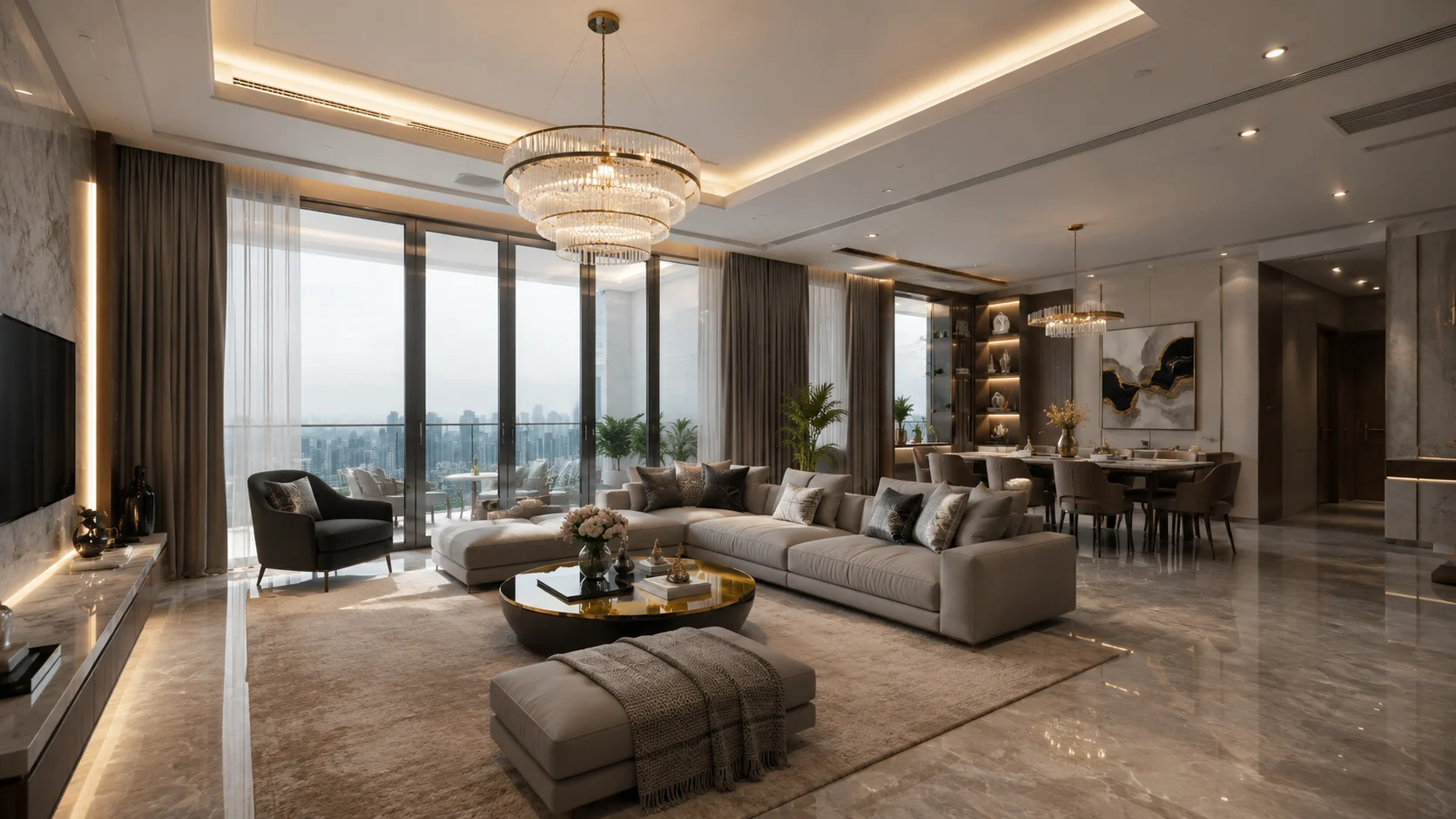 3D architectural visualization of a modern interior design presentation with photorealistic living room render