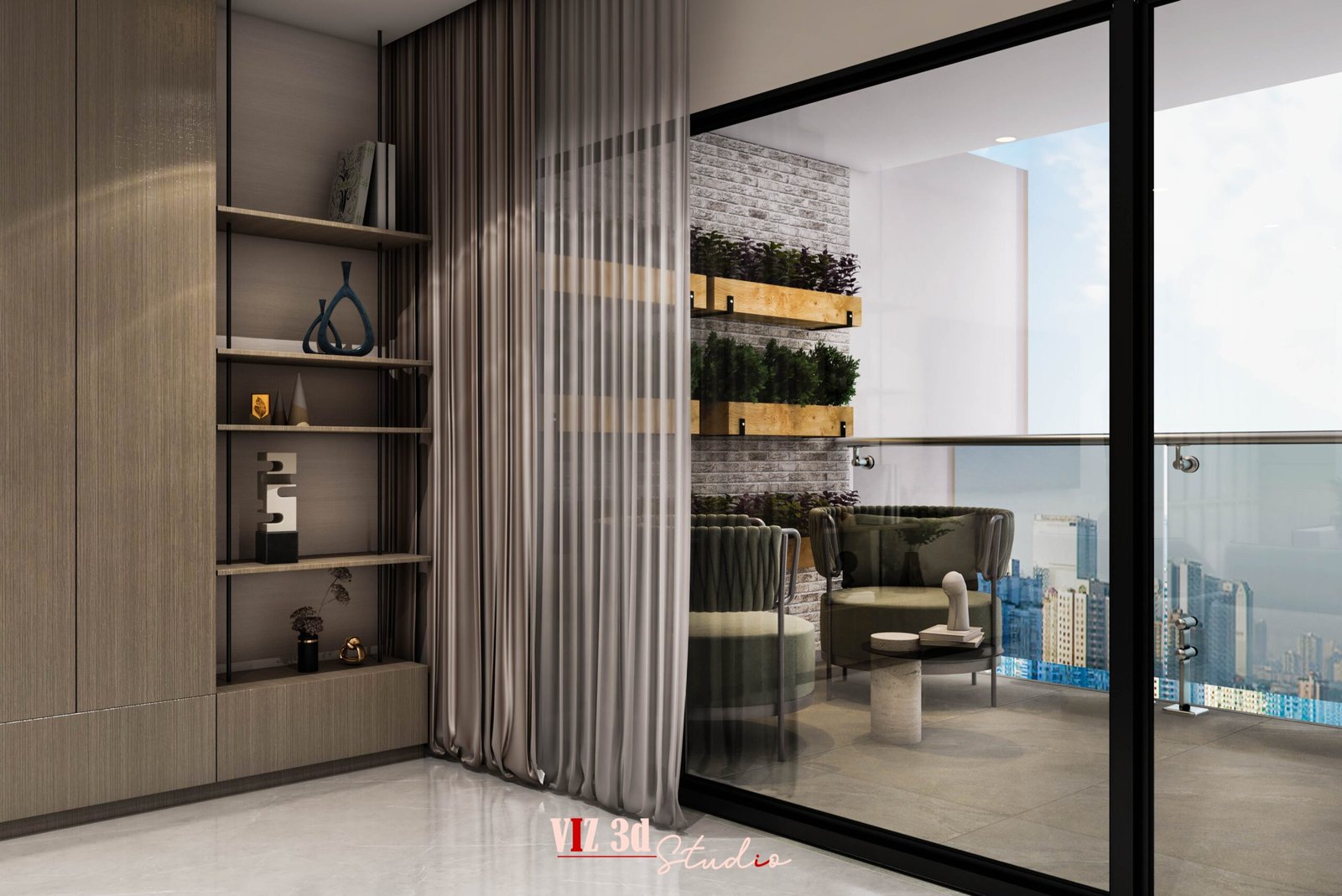 Modern balcony in a Living Room Interior Visualization Mumbai project featuring seating area, glass railing and realistic landscaping.
