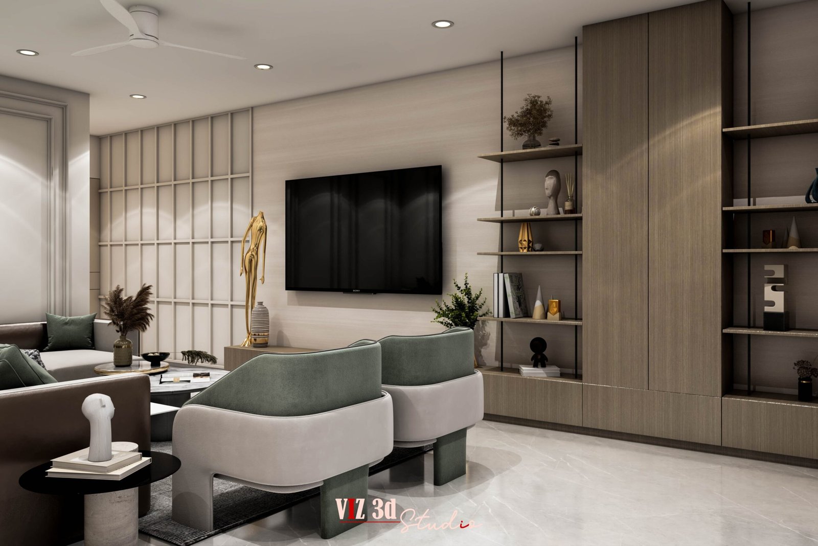 Living Room Interior Visualization project in Mumbai featuring modern sofa, TV unit and photorealistic lighting.