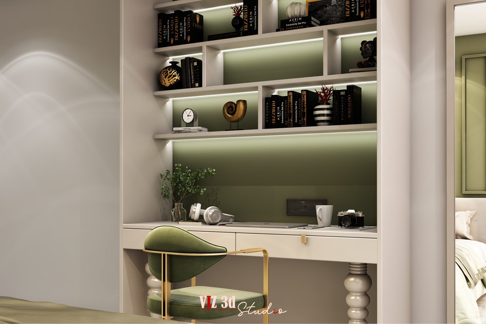 Luxury bedroom feature wall with decorative mouldings, moon wall art and upholstered headboard in a photorealistic 3D rendering.