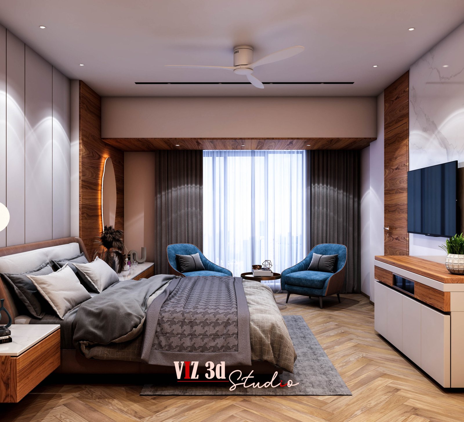 Modern master bedroom visualization Mumbai with TV unit, wooden wall paneling and luxury furniture.