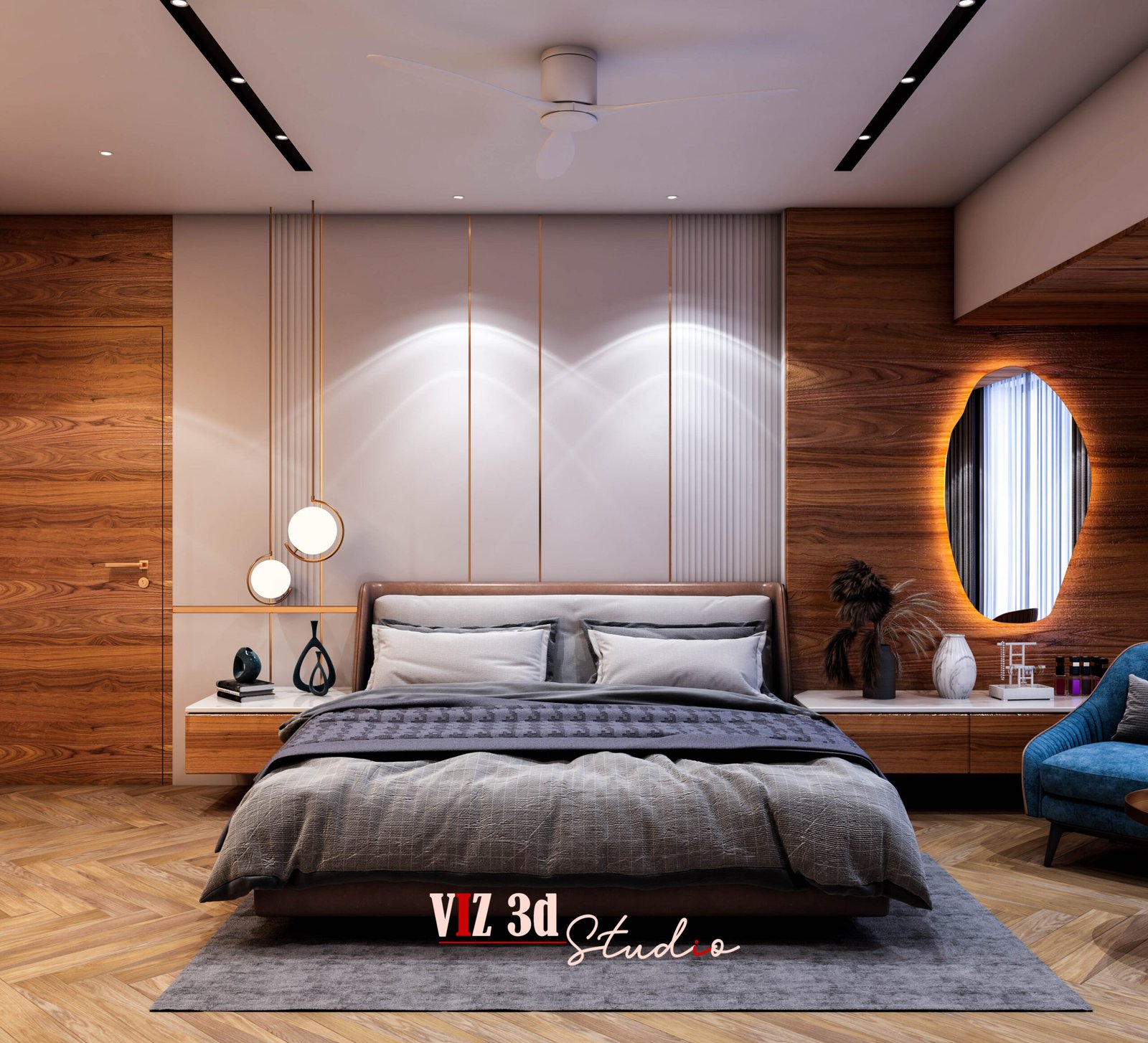 Top view master bedroom interior visualization Mumbai with wooden flooring and modern furniture layout.