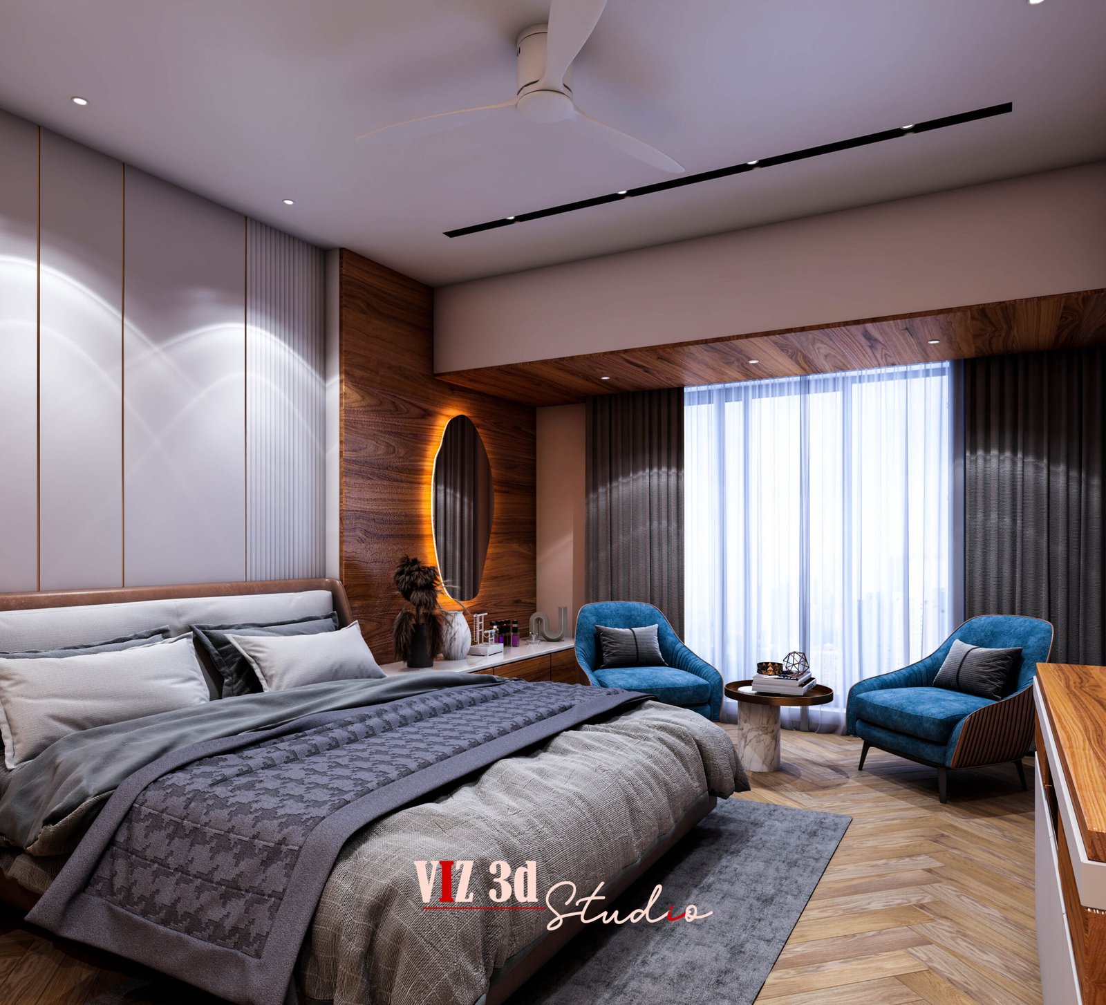 Front view of master bedroom interior visualization Mumbai with modern bed and feature wall.