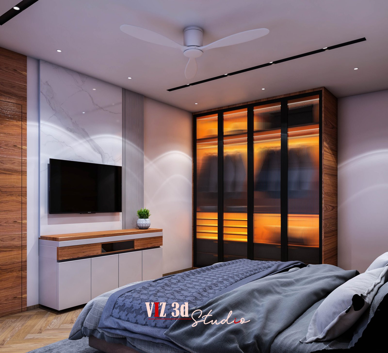 Luxury master bedroom 3D visualization Mumbai with designer furniture and realistic interior lighting.