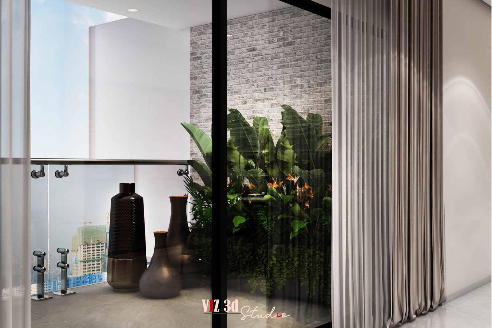 Modern balcony featured in a Living Room Interior Visualization Mumbai project with vertical garden and glass enclosure.