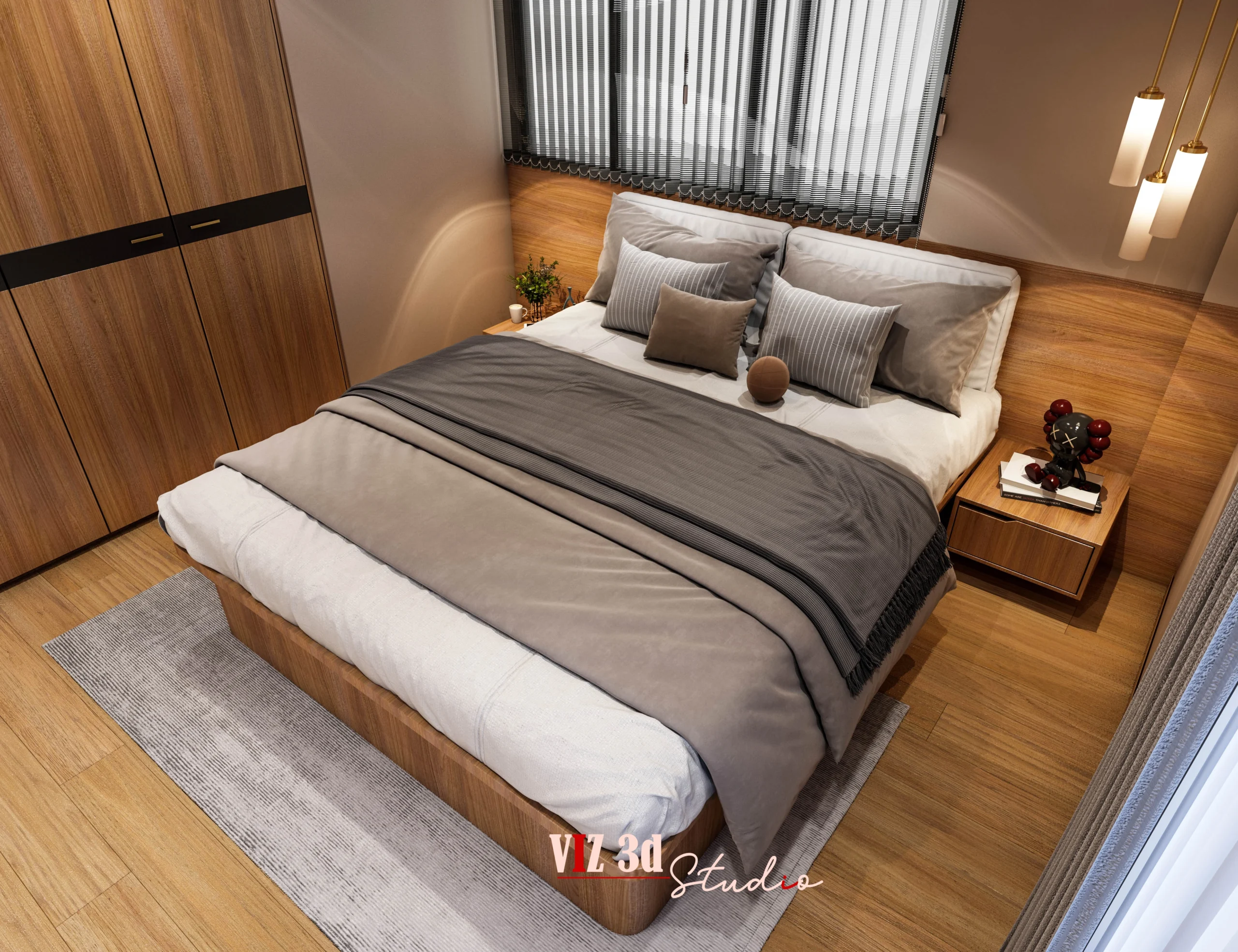 Bedroom Interior Visualization Mumbai featuring contemporary furniture, wooden finishes and natural lighting