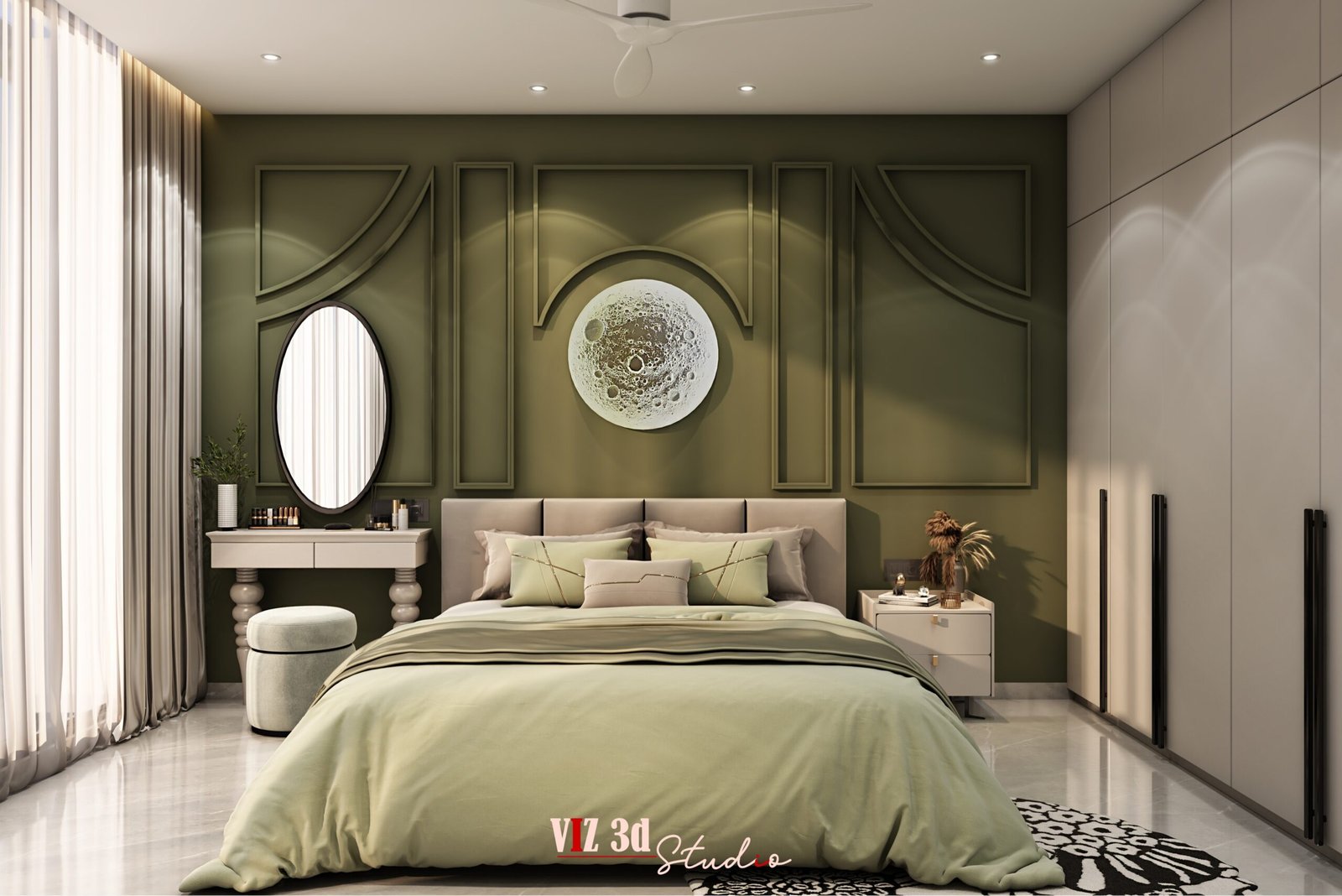 Modern bedroom interior visualization with study table, full-height curtains, upholstered bed and natural daylight rendering.