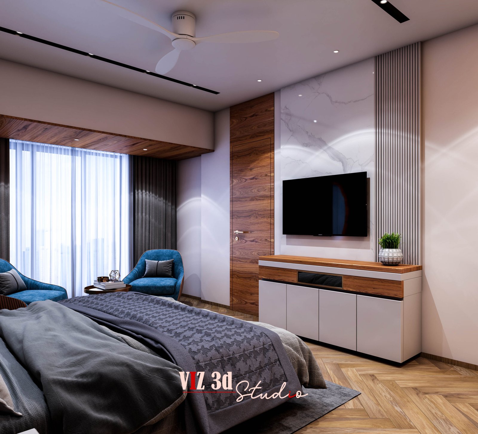 Master bedroom TV unit visualization Mumbai featuring custom wardrobe and premium lighting.