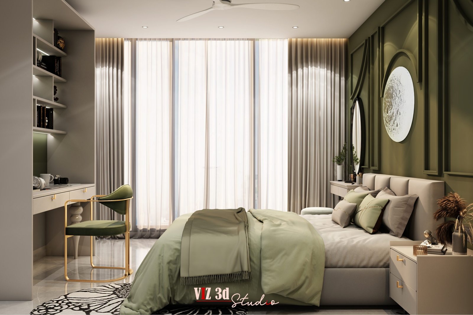 Residential bedroom 3D rendering showcasing floor-to-ceiling wardrobes, modern furniture and premium interior finishes.