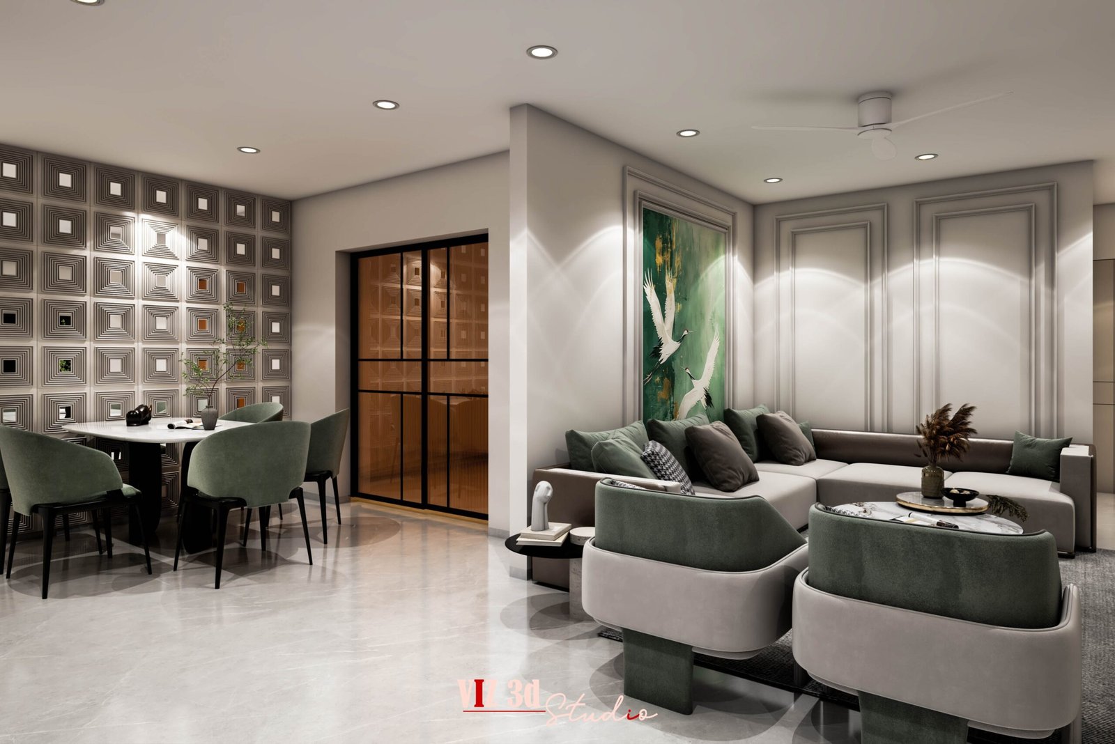 Residential Interior Visualization Mumbai showcasing the living room, dining area and foyer with photorealistic details.