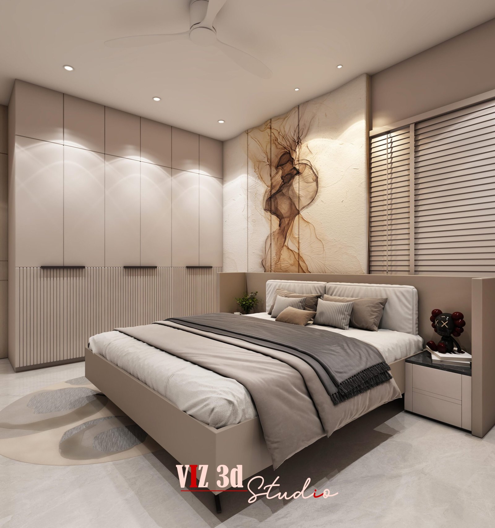 Master bedroom 3D interior visualization in Pune with wardrobe, upholstered bed and accent wall