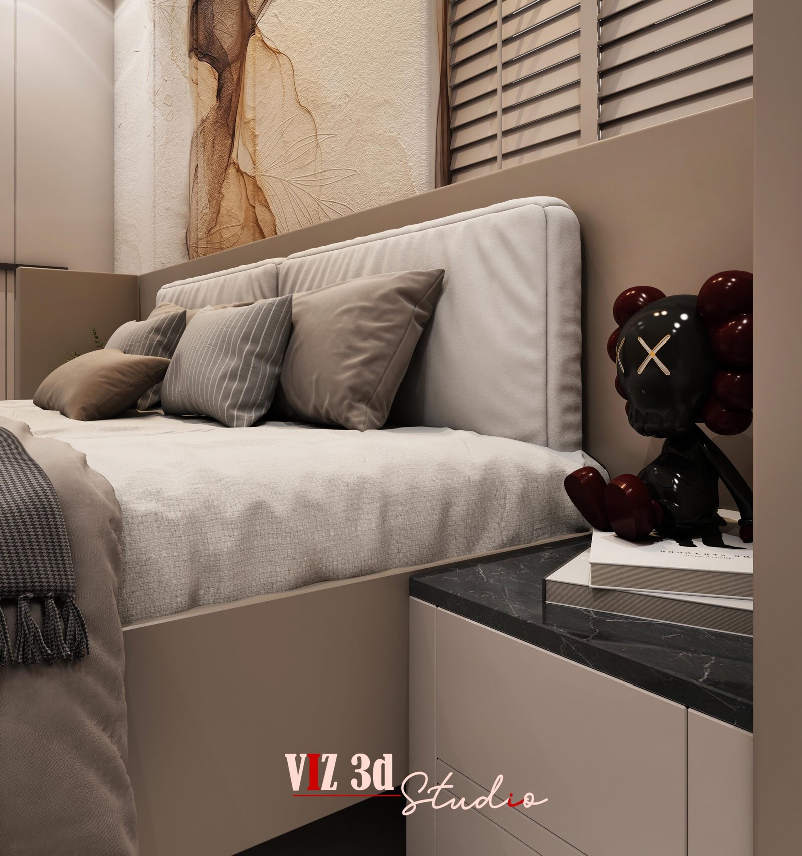 Master bedroom bedside detail 3D visualization in Pune with upholstered bed and side table