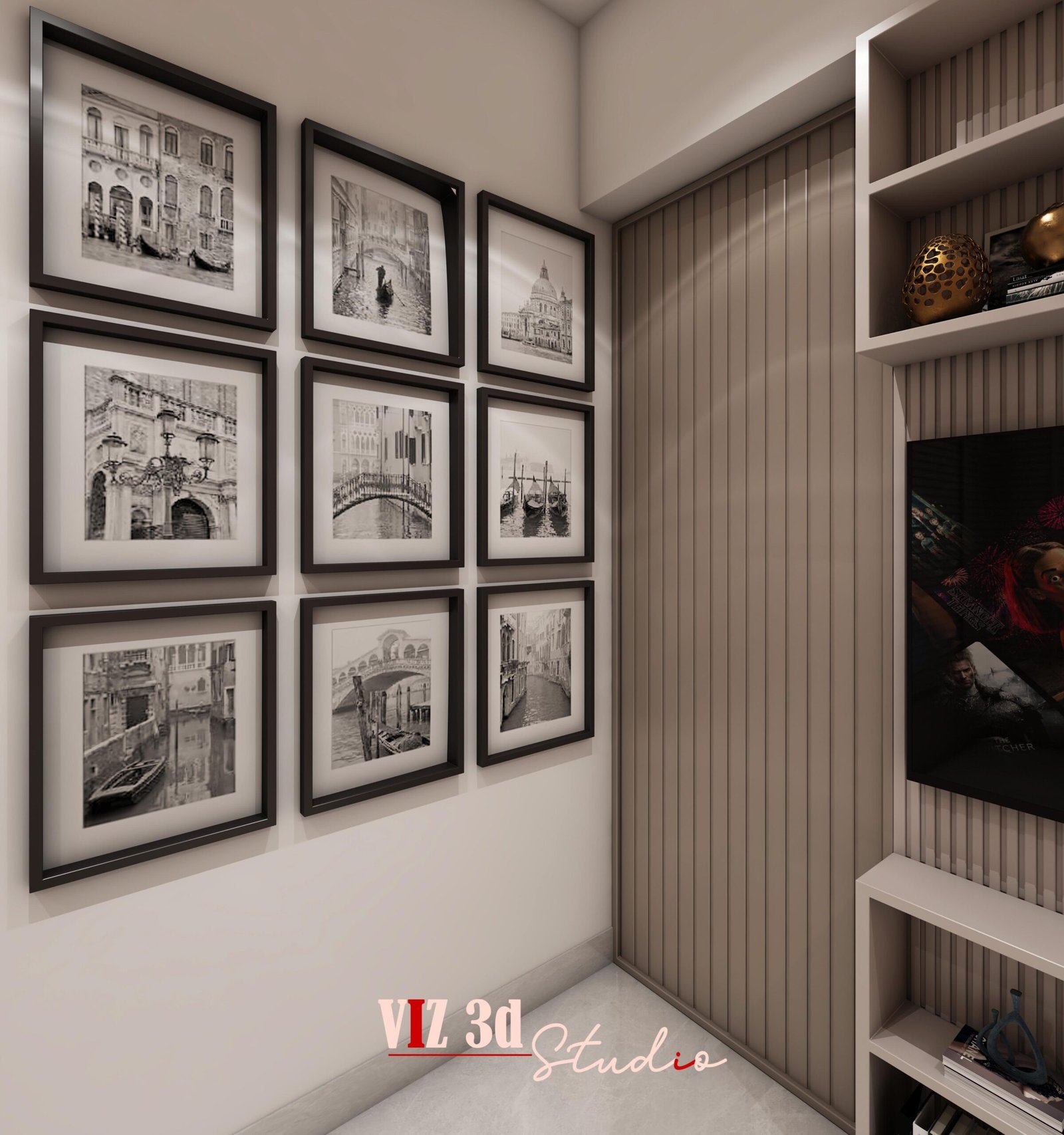 Master bedroom gallery wall 3D visualization in Pune with framed artwork and storage unit
