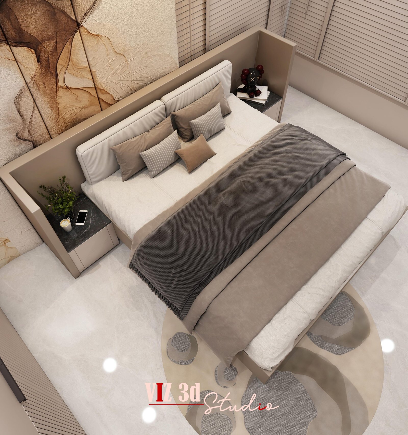 Master bedroom top view 3D visualization in Pune showing bed, wardrobe and room layout
