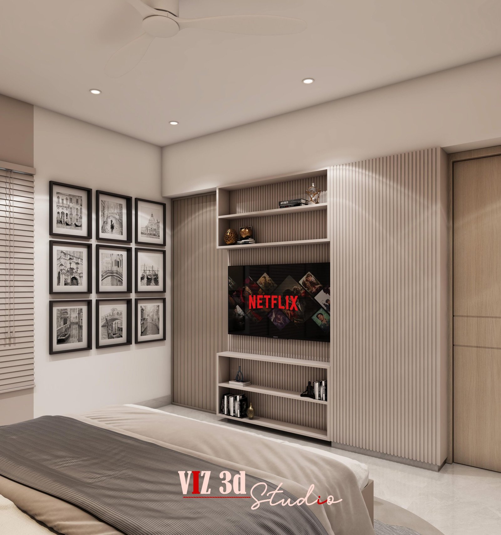 Master bedroom TV unit 3D interior visualization in Pune with storage and display shelves