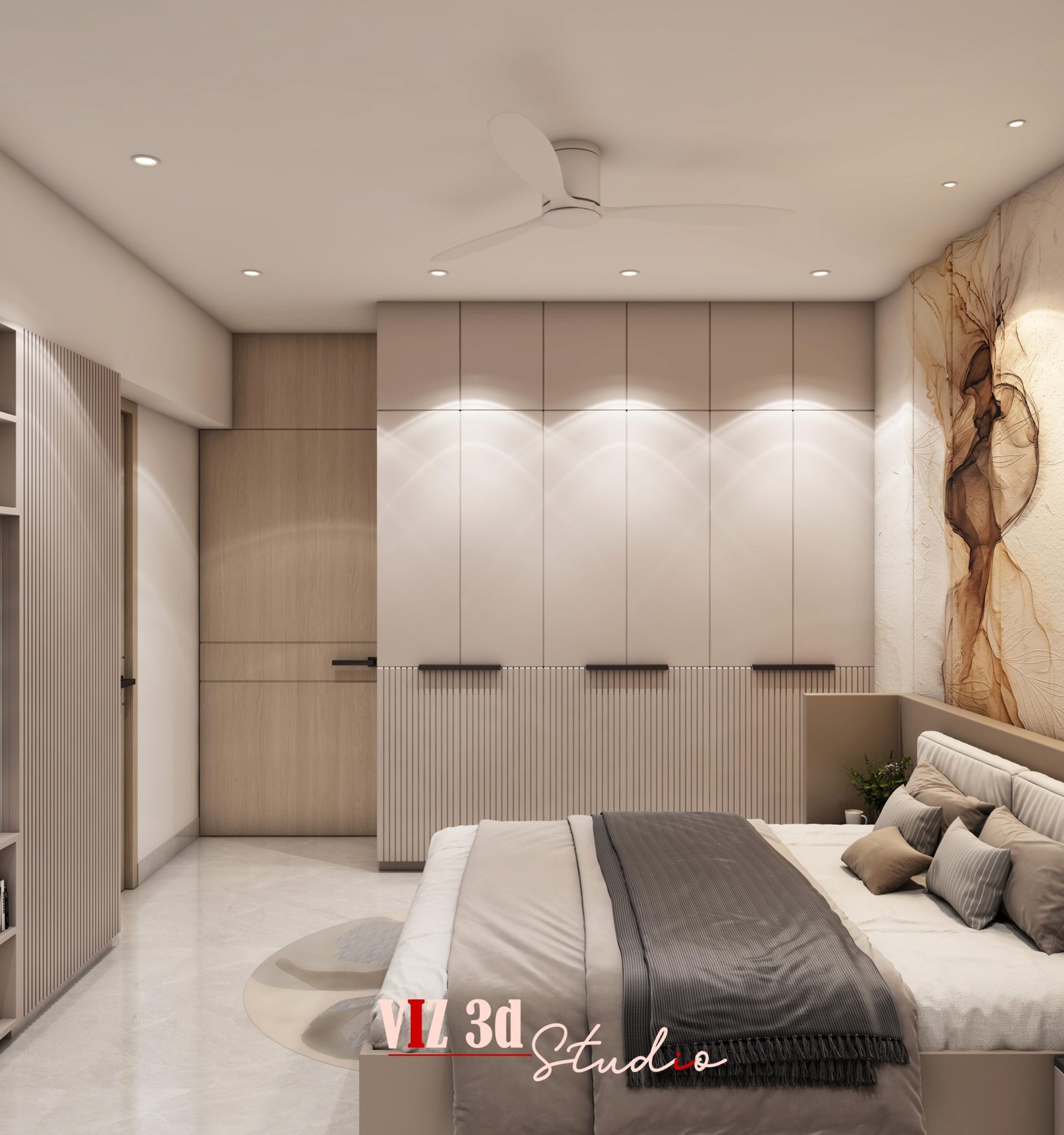 Master bedroom wardrobe 3D visualization in Pune with contemporary storage and accent wall
